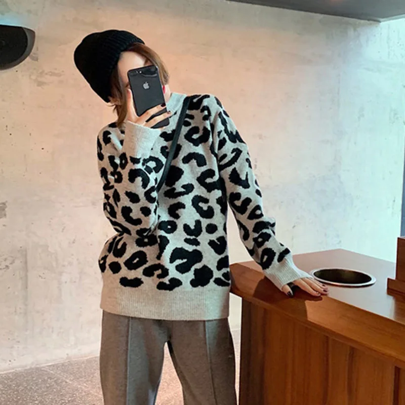 Wixra Stylish Leopard Print Sweaters Autumn Winter Spring Female O Neck Ladies Knitted Pullovers Womens Clothing 2019 Hot | Женская