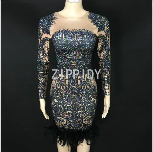 

Shining AB Sexy Rhinestones Feather Spandex Dress Nightclub Bar Singer Dance Celebrate Outfit Dress Costume Prom Women Birthday