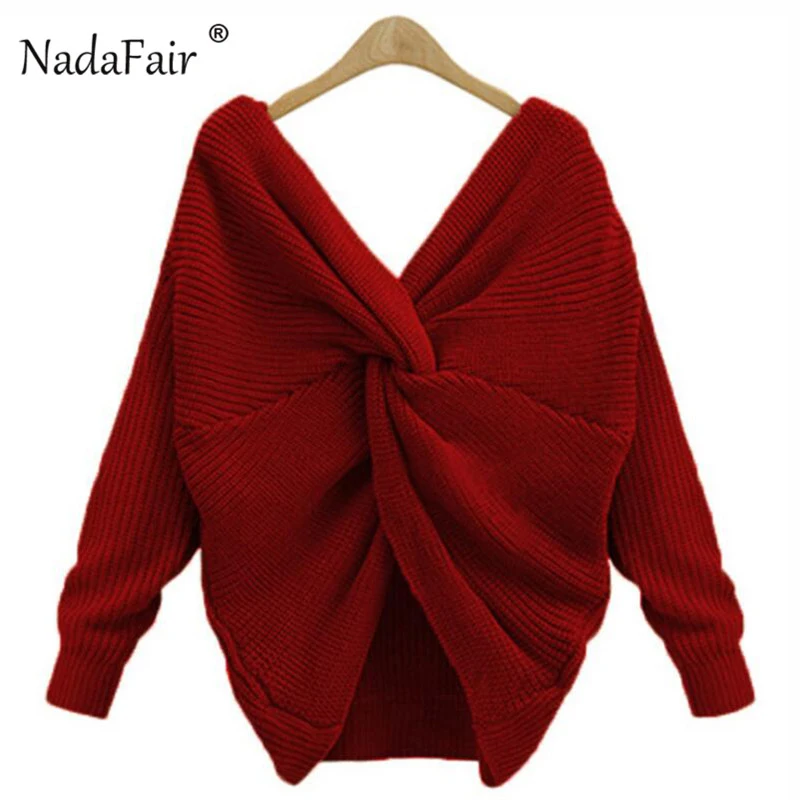 Nadafair, сексуальный свитер с открытой спиной, крест-накрест, женские пуловеры, Осень-зима, длинный рукав, однотонный Повседневный свитер, Женский вязаный джемпер - Цвет: Бургундия