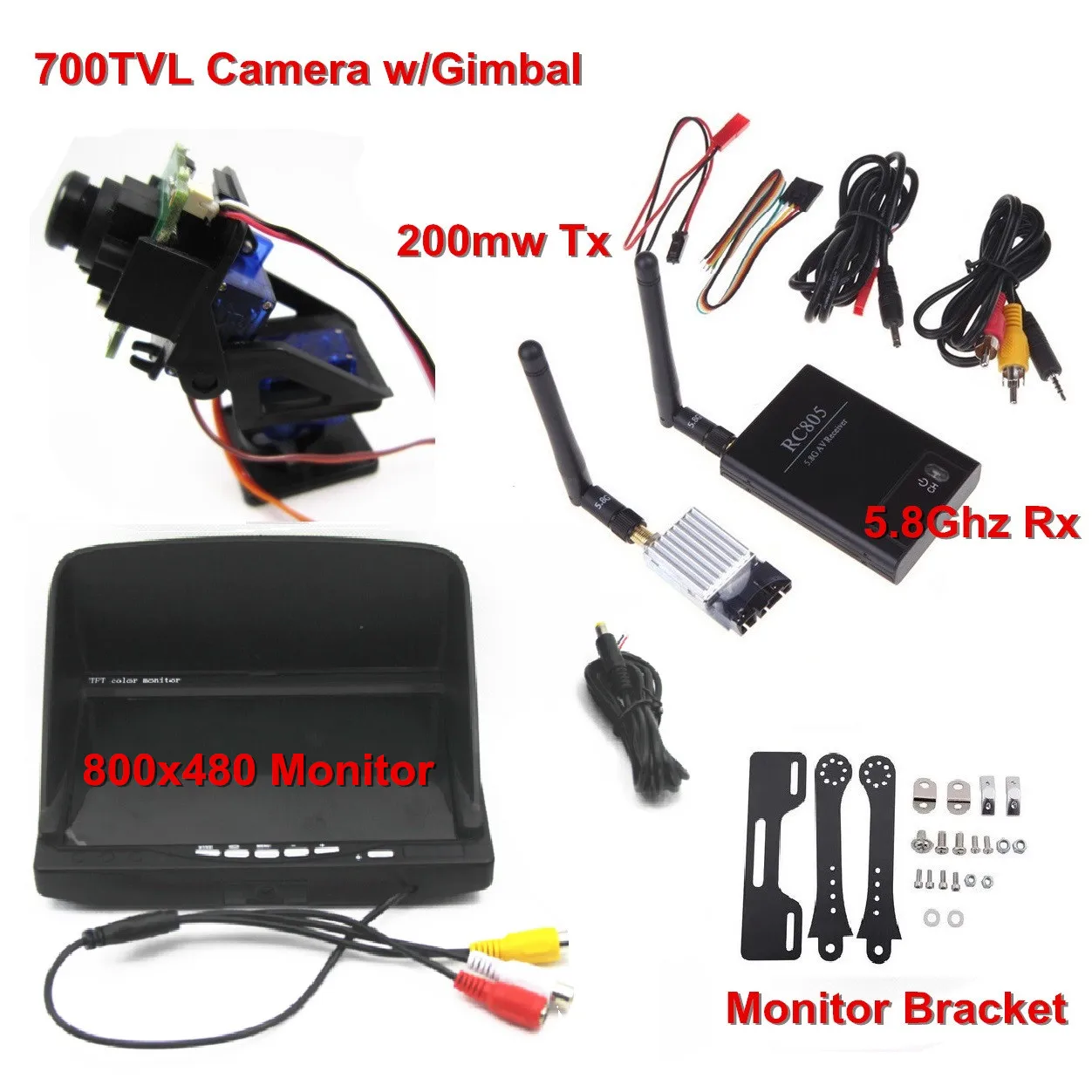 

Система FPV Combo 5,8 ГГц, Система FPV 700TVL камера с карданным подвесом 5,8 ГГц Rx и 200 МВт Tx и 800x480 монитор для FPV квадрокоптера