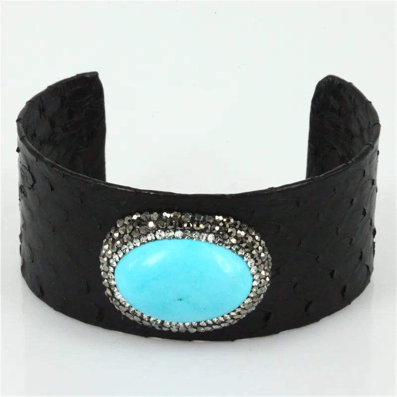 Женский Браслет манжета из змеиной кожи с натуральным камнем|open bangle|cuff banglebangle