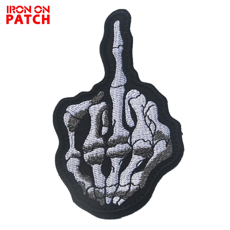 

Skeleton Middle Finger Skull patches clothes military motorcycle hook patches tactical for vest coat personality Badge