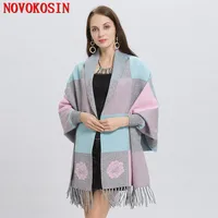 Faux Cashmere Warm Knitwear Shawl Winter Printed Plaid Pattern Long Women Pashmina Thick Lady Knitted Poncho With Tassel Coat