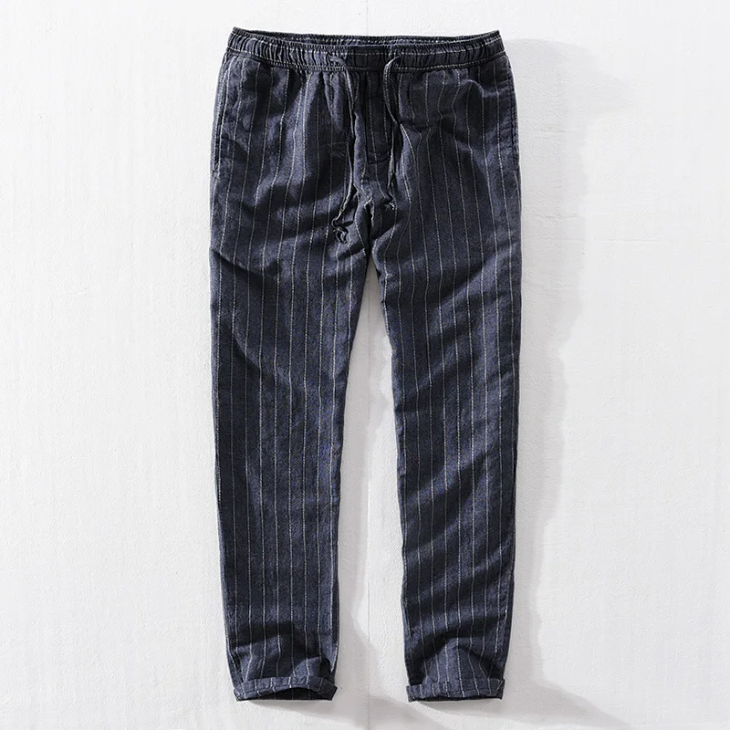 

New linen and cotton pants men casual striped pants mens loose elastic waist 30-40 size trousers men fashion pantalones