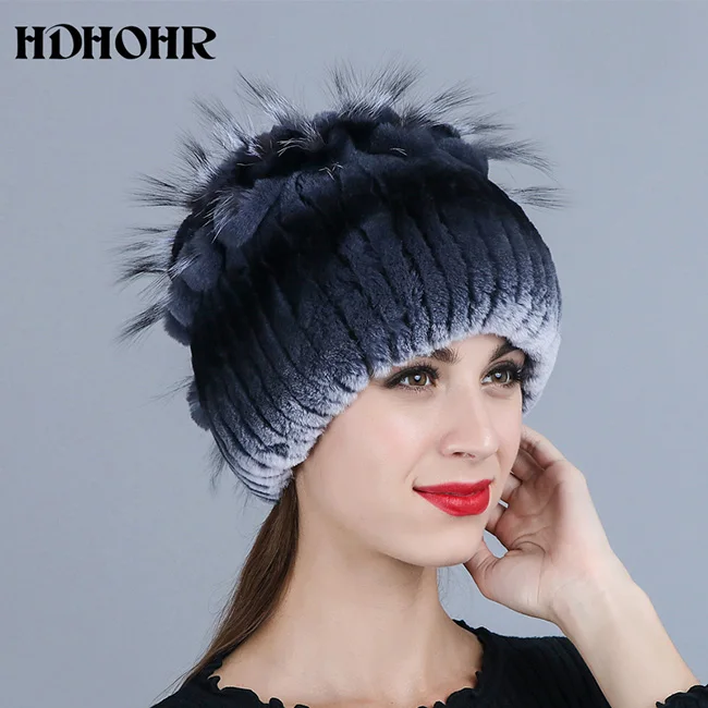 HDHOHR, хит, шапка из натурального меха, шапка из меха кролика Рекс, мех серебристой лисы, шапки бини, женские зимние толстые теплые головные уборы, теплые шапки - Цвет: Тёмно-синий