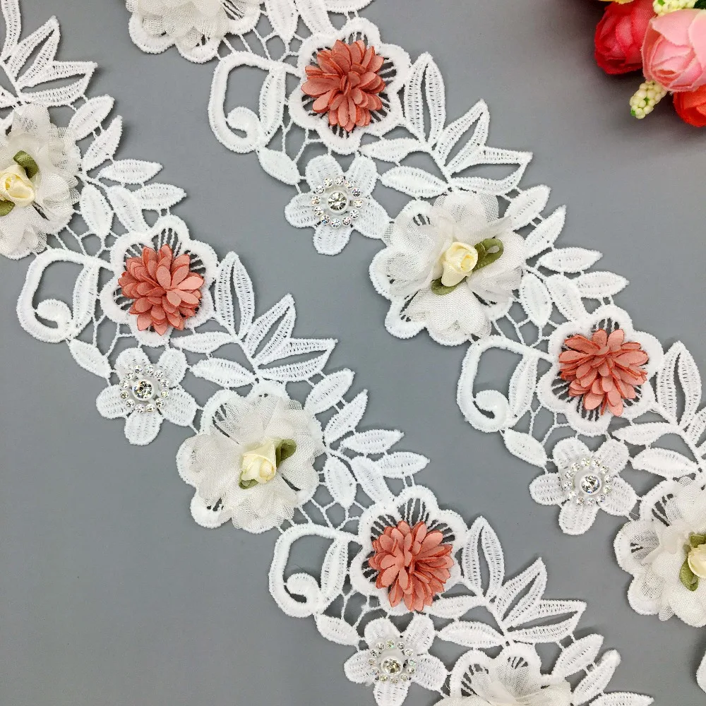 Растворимый хлопок 3D Роза цветы кружевная отделка Алмазная вышитая лента Guipur