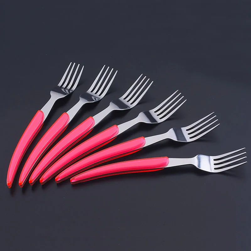 

6pcs Laguiole Stainless Steak Cutlery food picks Colored Handle Dessert Dinner Forks Dinnerware Fork Christmas Gift for Hotel