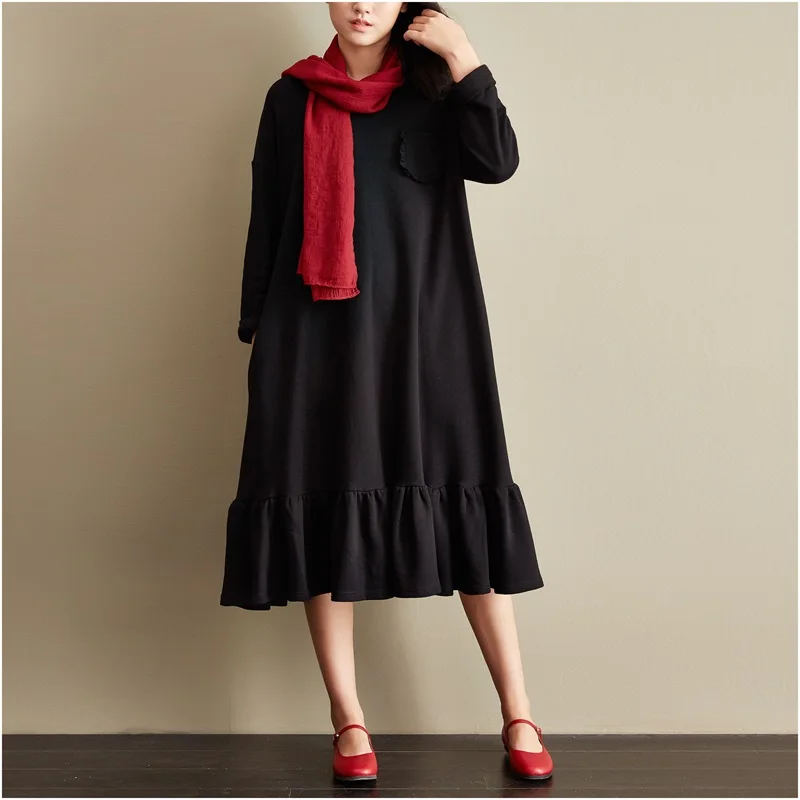 2016 Осень Зима Женщины Твердые Midi Платье Краткая О Шея Вязаный Полный Рукав