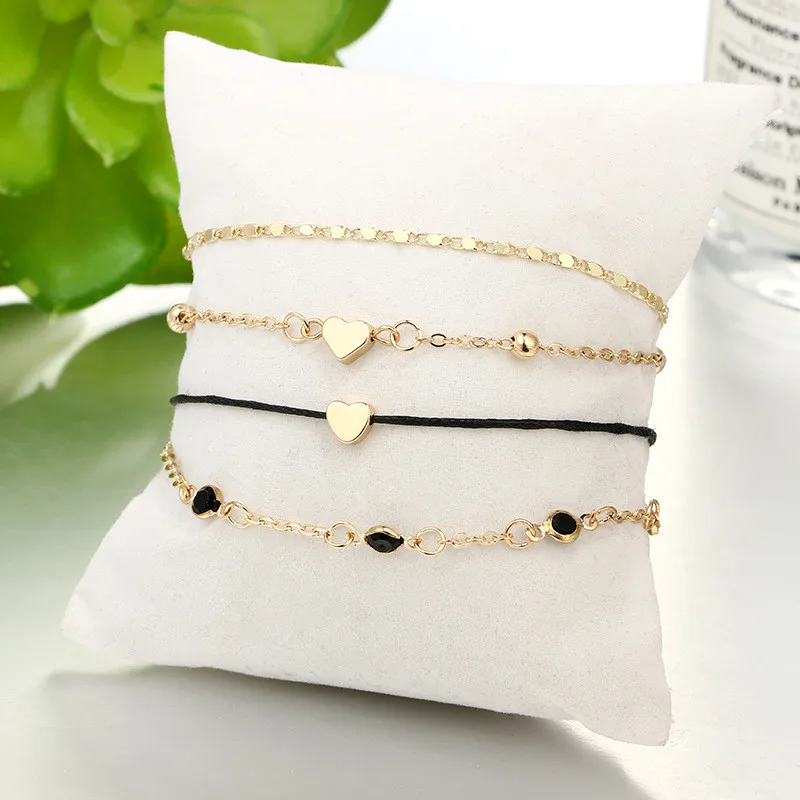 Simple Multi Layer Heart Resin Anklets Bracelets Charm Black Color Rope Chain For Women Party Gift Bracelet Cheville | Украшения и