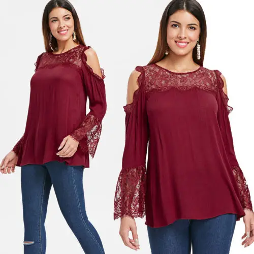 Модные женские Для женщин блузки кружева с открытыми плечами Свободные длинным
