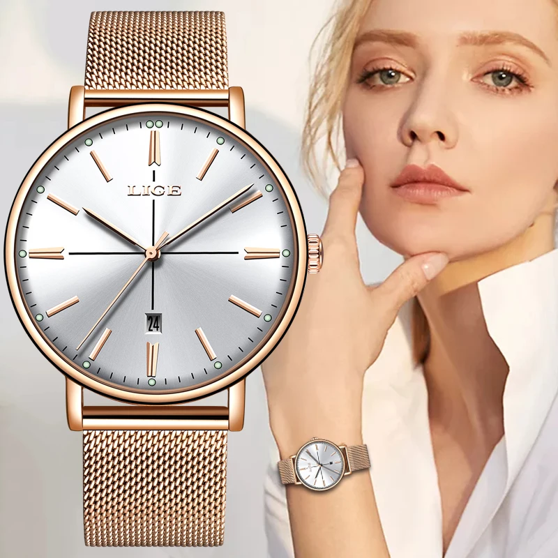 Женские кварцевые часы LIGE роскошные простые для девушек бизнес-класс Montre Homme + Box