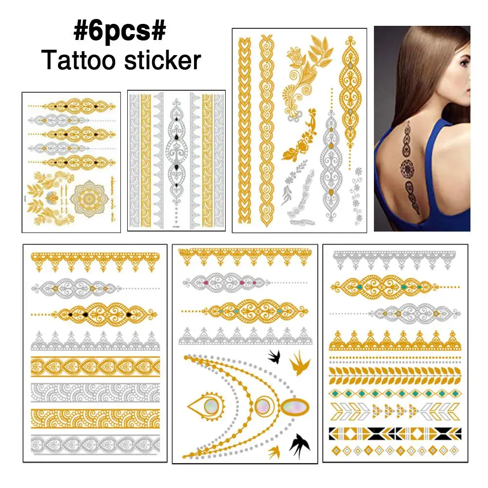6 листов боди-арт тату-стикер с металлическим золотом временная флеш-тату
