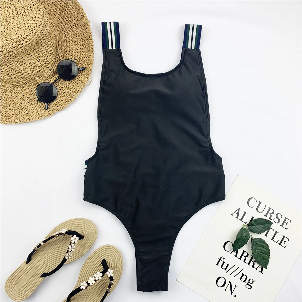 Спортивный стиль Цельный купальник для женщин однотонный эластичная лента