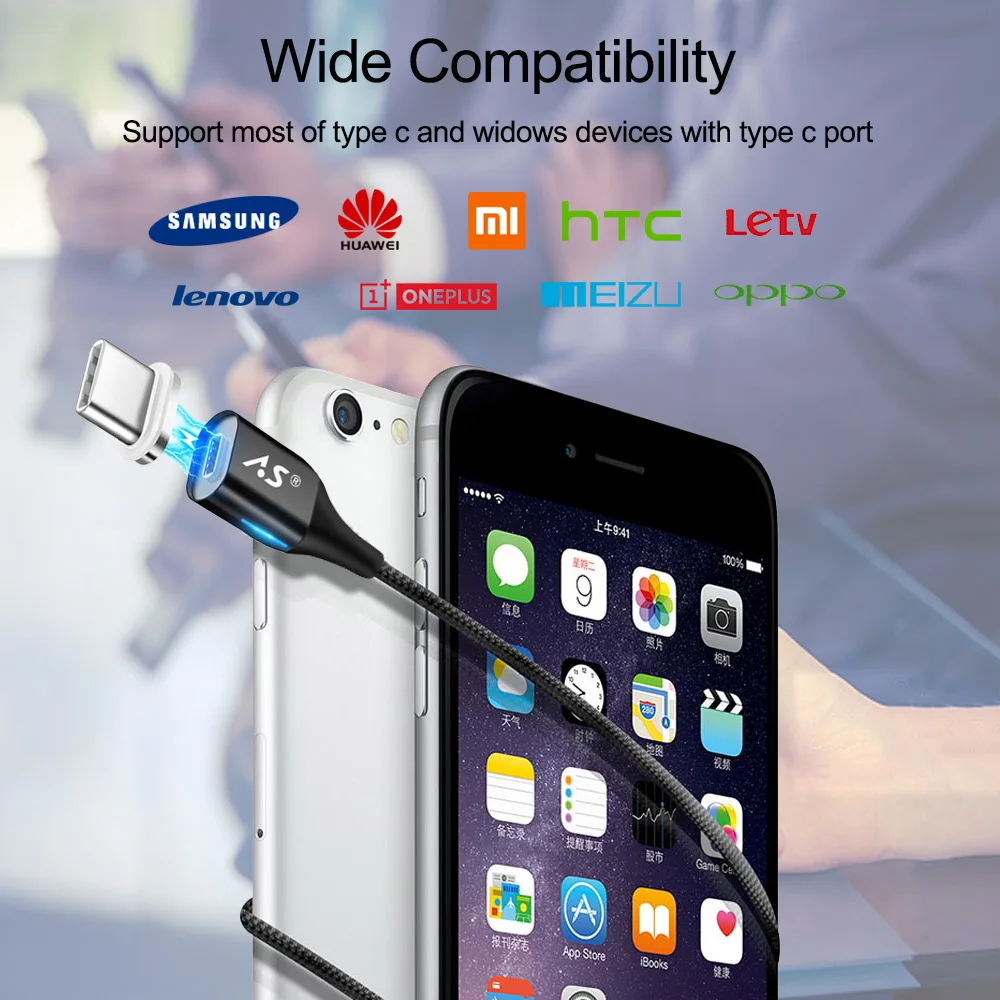 Магнитный кабель A.S с разъемами USB Type C для зарядки телефонов Samsung S9 S8 Note 8 Xiaomi Mi6