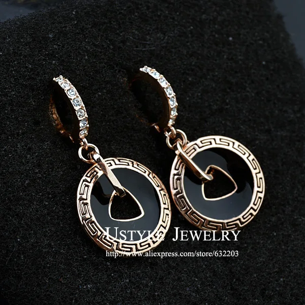 Женские винтажные серьги-подвески из розового золота с черной эмалью | Украшения