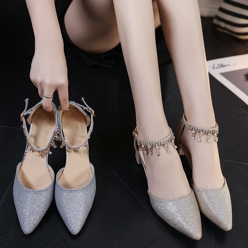 

GOLD Women Wedding Shoes Crystal Preal Ankle Strap Bridal Shoes Woman Dress Shoes Seay Pumps Sweet Party Shoes EUR34-42