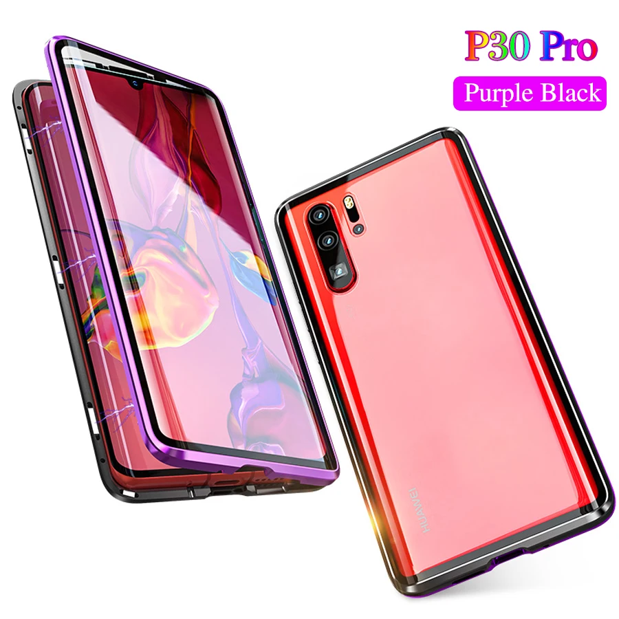 Red Black P30Pro Роскошные кожаные Магнитная Адсорбция металлический корпус для huawei P30 Pro P30pro Etui 360 Полное покрытие изогнутая Стекло двойной прозрачные Экран протектор - Цвет: Red Black P30Pro