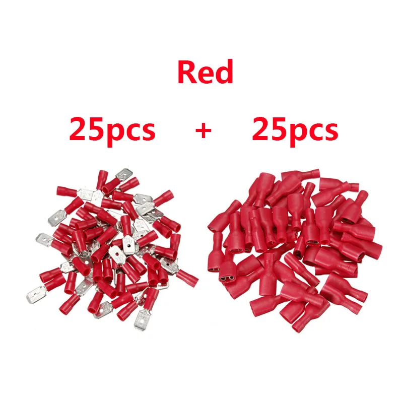 50pcs Red 100 шт. 16-14AWG Изолированная Лопата обжимной провод Кабельный разъем терминал мужской/женский комплект - Цвет: 50pcs Red