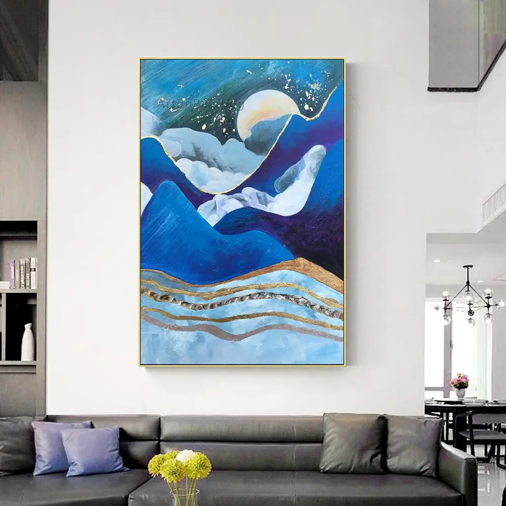 Beste Moderne Abstracte Marineblauw Canvas Schilderijen Landschap Muur Decoratie Schilderen Decoratieve Foto 'S Voor Woonkamer
