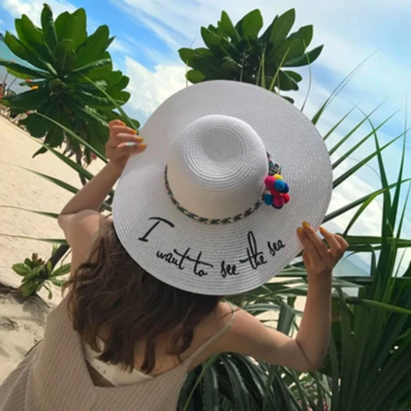 

MAERSHEI Wide Brim Sun Hats For Women Letter Embroidery Black Bow Panama Straw Hat Folded Floppy Beach Caps Chapeu Feminino