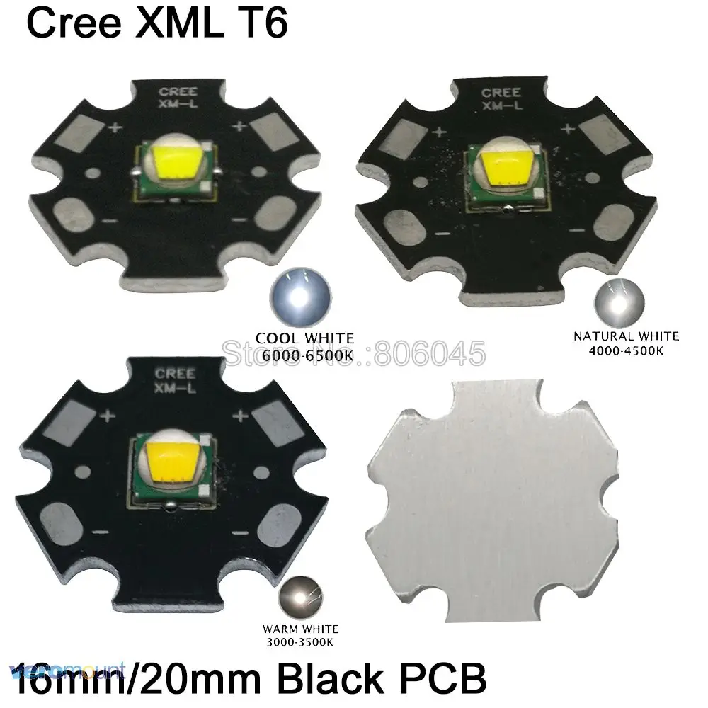 CREE XML XM-L T6 10 Вт Холодный белый 6500K нейтральный белый 4500K теплый белый 3000K светодиодный излучатель высокой мощности 16 мм 20 мм черная алюминиевая печатная плата