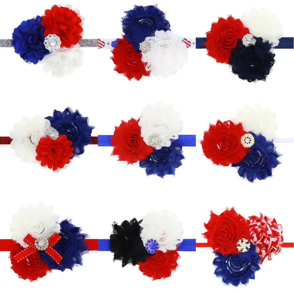 

4th of July Headband Trio Shabby Flower elastic headband with Rhinestone Center , Independence Day Headband