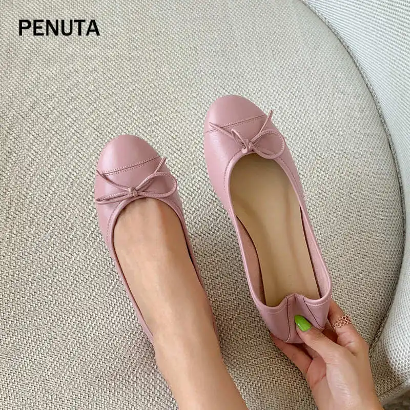 Pink PENUTA/; женская повседневная обувь из овечьей кожи; балетки на плоской подошве; тонкие туфли; женские Кожаные Мокасины с бантом; PF925 - Цвет: Pink