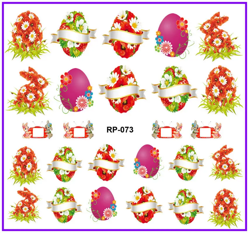 RP073 NAIL ART красивые наклейки для ногтей воды Наклейка ползунок мультфильм пасхальные цветной, в виде кролика FLORID яйцо RP073-078 - Цвет: RP073
