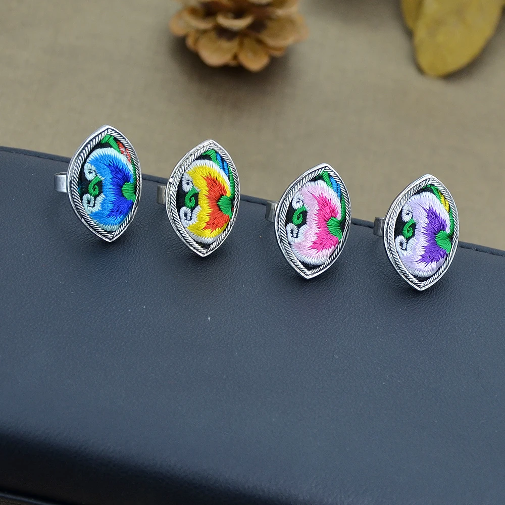 Ethnic Boho Rings Antique Silver Color with Flower Pattern Geometric Handmade Colorful Embroidery Jewelry For Women Bijoux | Украшения и