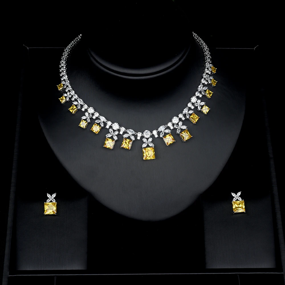 

Be 8 Sparkling Yellow Stone AAA Cubic Zircon Jewelry Sets for Women Pendants Stud Earring Necklace Set Dress Accessories S418