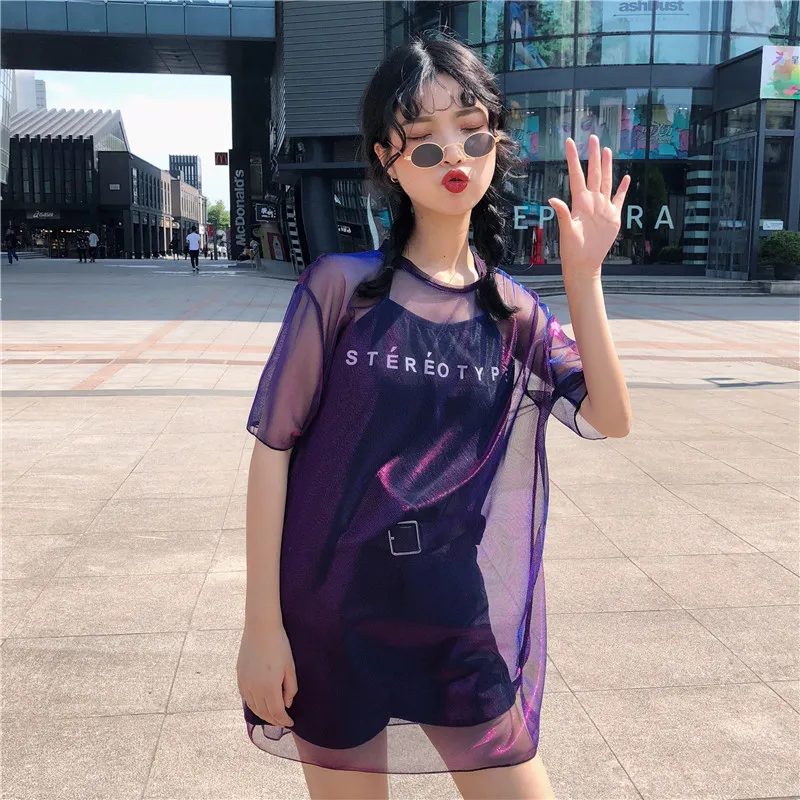 2 шт.! Ulzzang корейский Harajuku сетчатый топ женский сетчатый топ+ черный топики шикарные футболки блестящие Прямая поставка