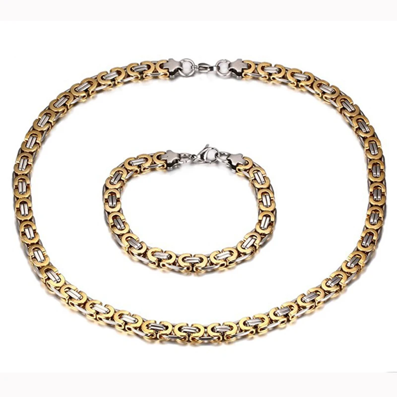 

Hot Sell Jewelry Mens Gift Silver Gold Stainless Steel 8mm Flat Byzantine Necklace Bracelet jewelry set 18"-30"