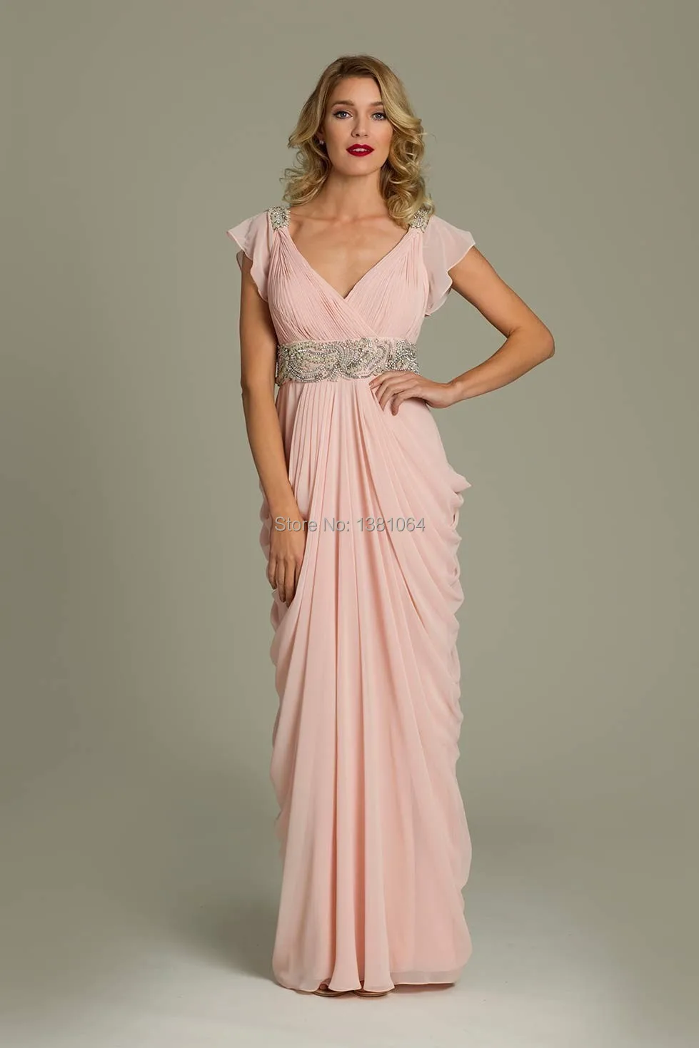 Vestidos De Fiesta 2014 New Design Sexy V-Neck A-Line Short Sleeve Chiffon Long Formal Prom Dresses | Свадьбы и торжества