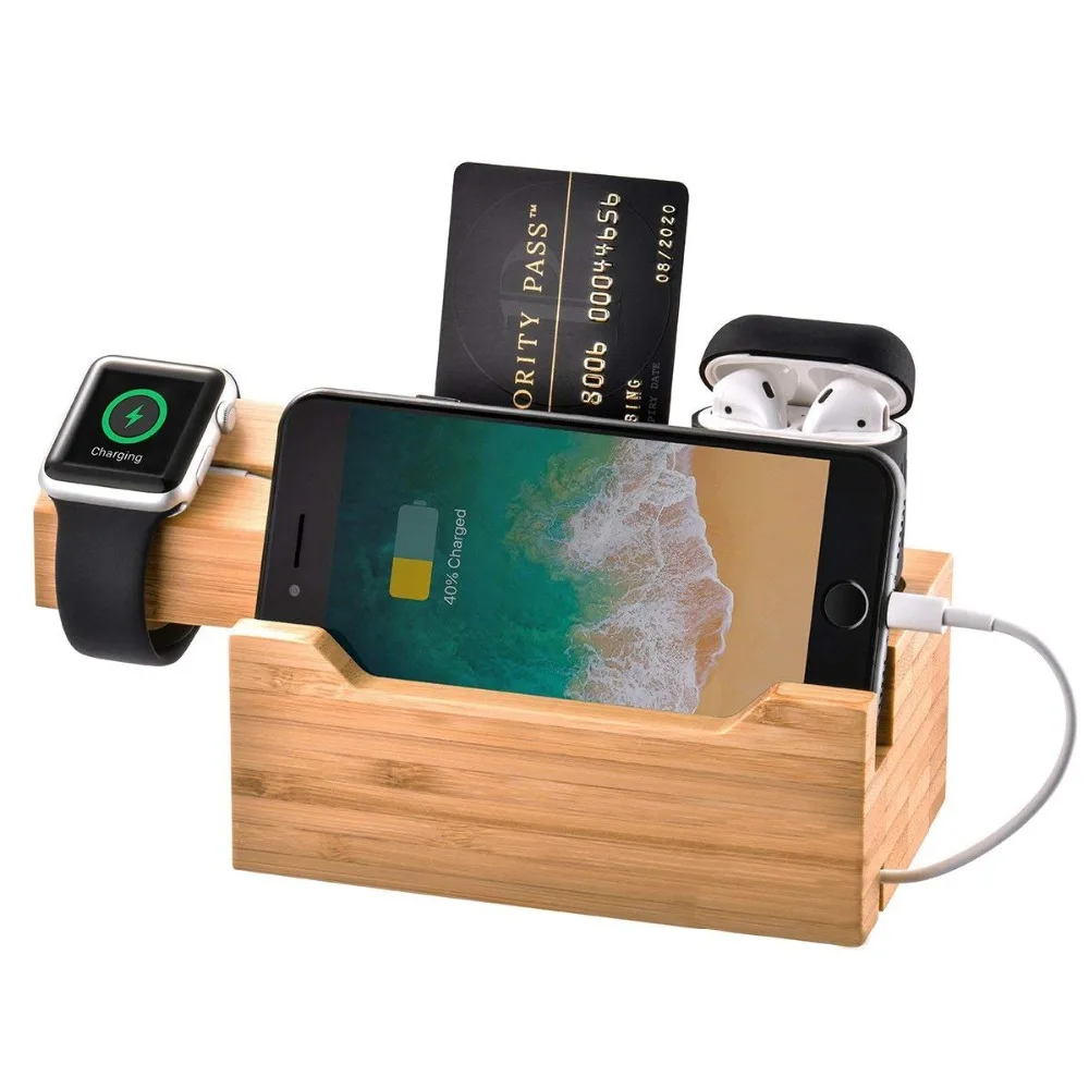 Натуральное дерево usb зарядная станция Универсальный Apple Watch Airpod Iphone держатель подставка Зарядное устройство Док-станция 3 usb порта кабель управления