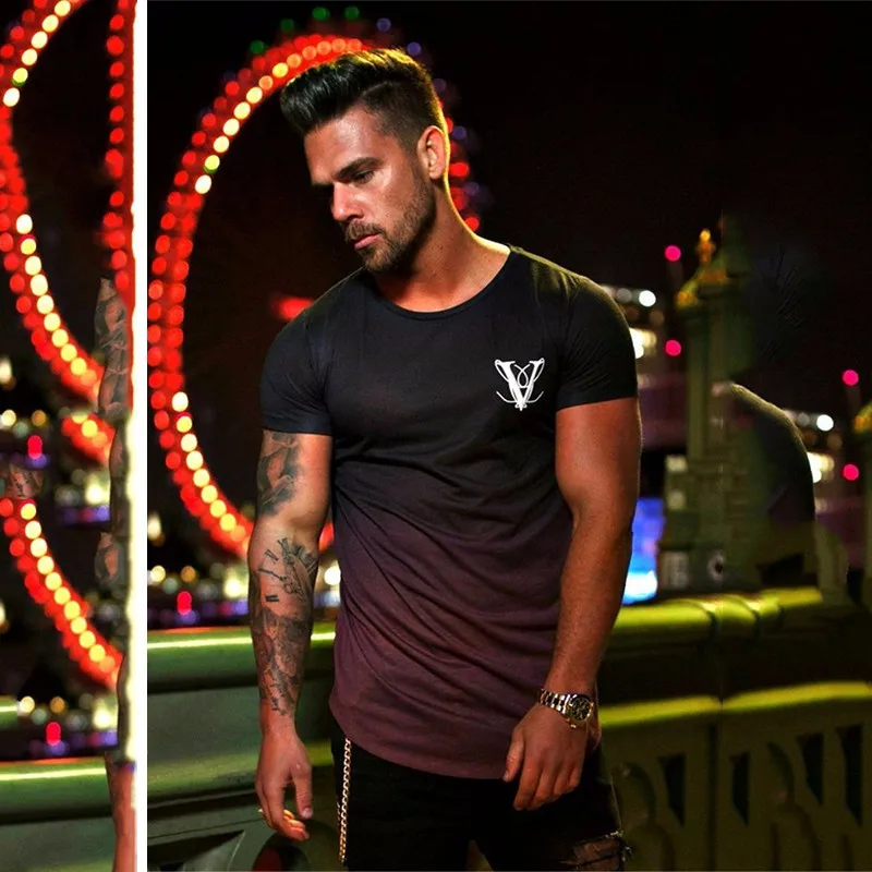 ZFIT Gradient color 3D T-shirt Men Shirt Homme Running Designer Quick Dry T-Shirts Fit Tops Tees Sport Mens Fitness Gym T Shirts | Спорт и