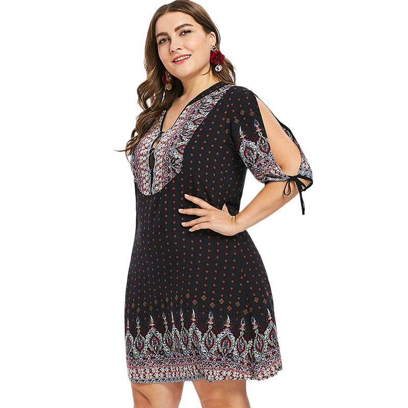 PlusMiss плюс размеры этническим принтом Boho открытыми плечами свободное платье XXXXL XXXL XXL для женщин большой в