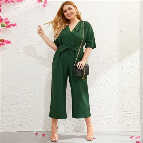 Зеленый Sheinside Plus Size Green V Neck Wide Leg Jumpsuit Women Summer Zip Back Jumpsuits Office Ladies Solid Half Sleeve Jumpsuit - Цвет: Зеленый