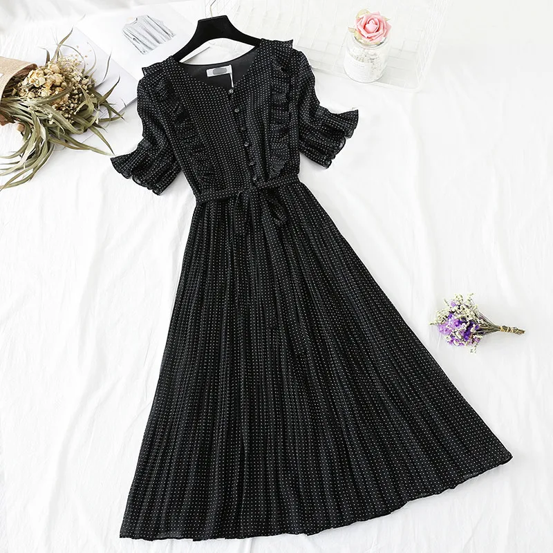 Summer Women Long Chiffon Dress 2019 New Polka Dot Pleated V neck Boho Beach Elegant Party Girls Sundress Vestidos | Женская одежда