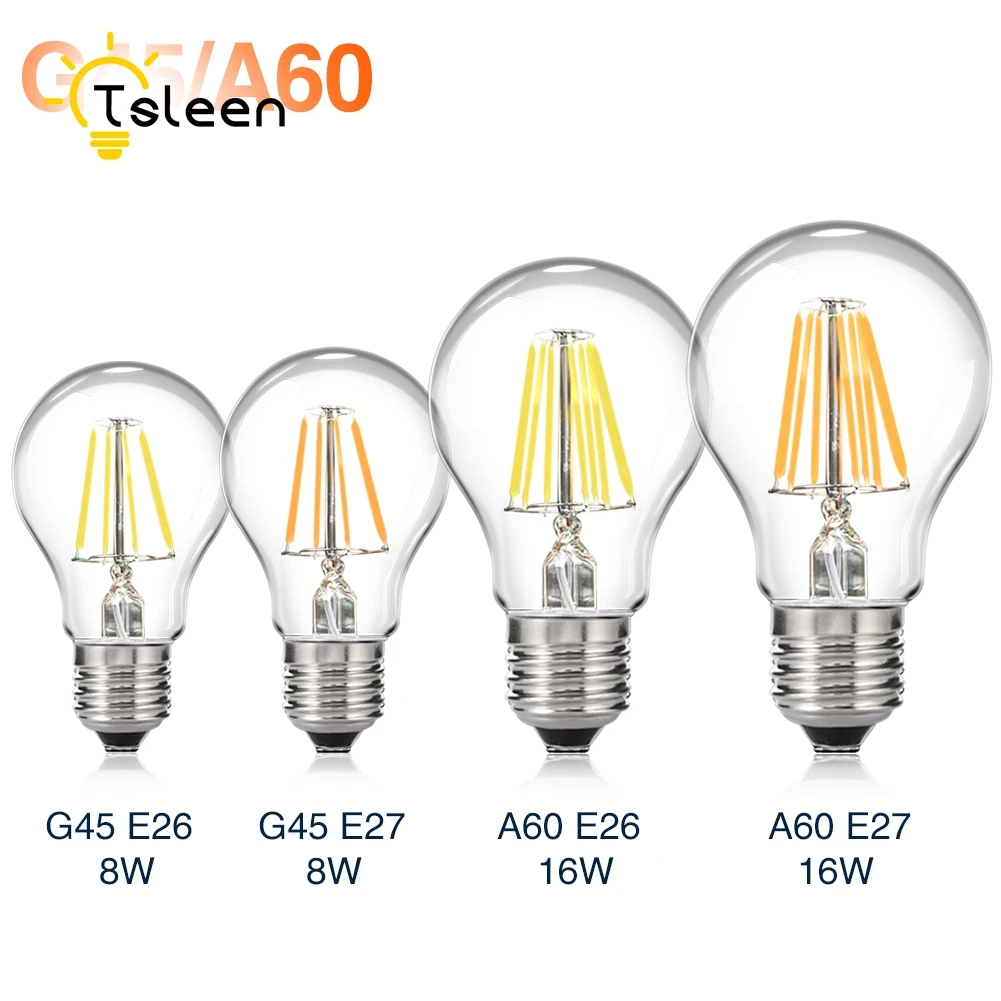 TSLEEN Dimmer Ретро затемняемый Светодиодный светильник накаливания E27 E26 110V 220V 8W 16W G45 A60