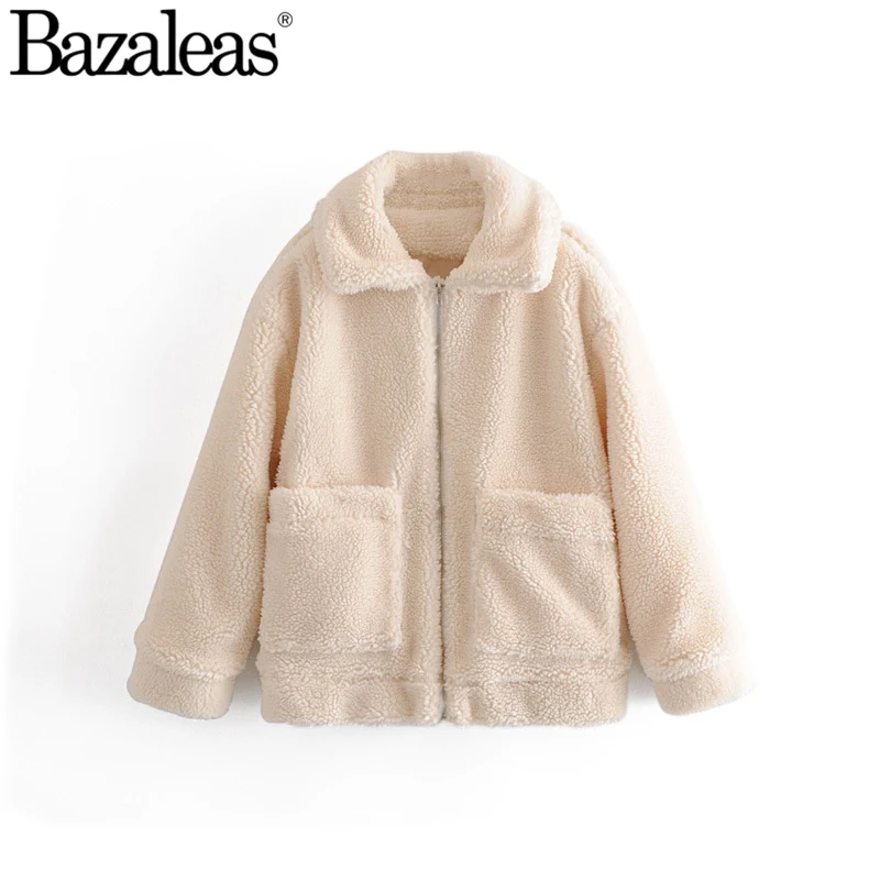 Bazaleas овечья шерсть кашемир модная мягкая женская куртка с карманами harajuku пальто с отложным воротником теплые куртки женские повседневные