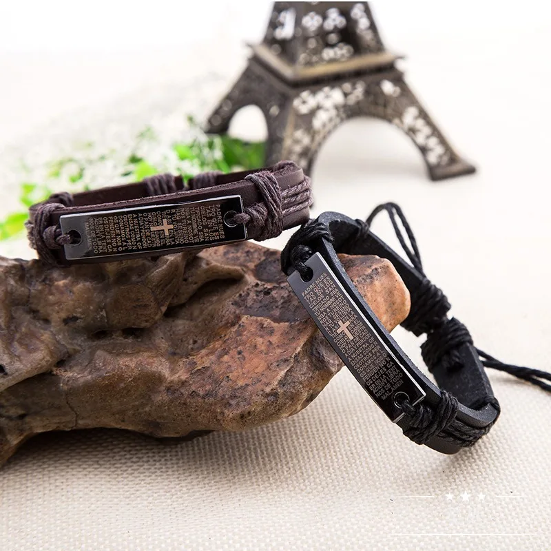 PUN персонализированный Кожаный Плетеный Шарм Крест Библейский браслет для