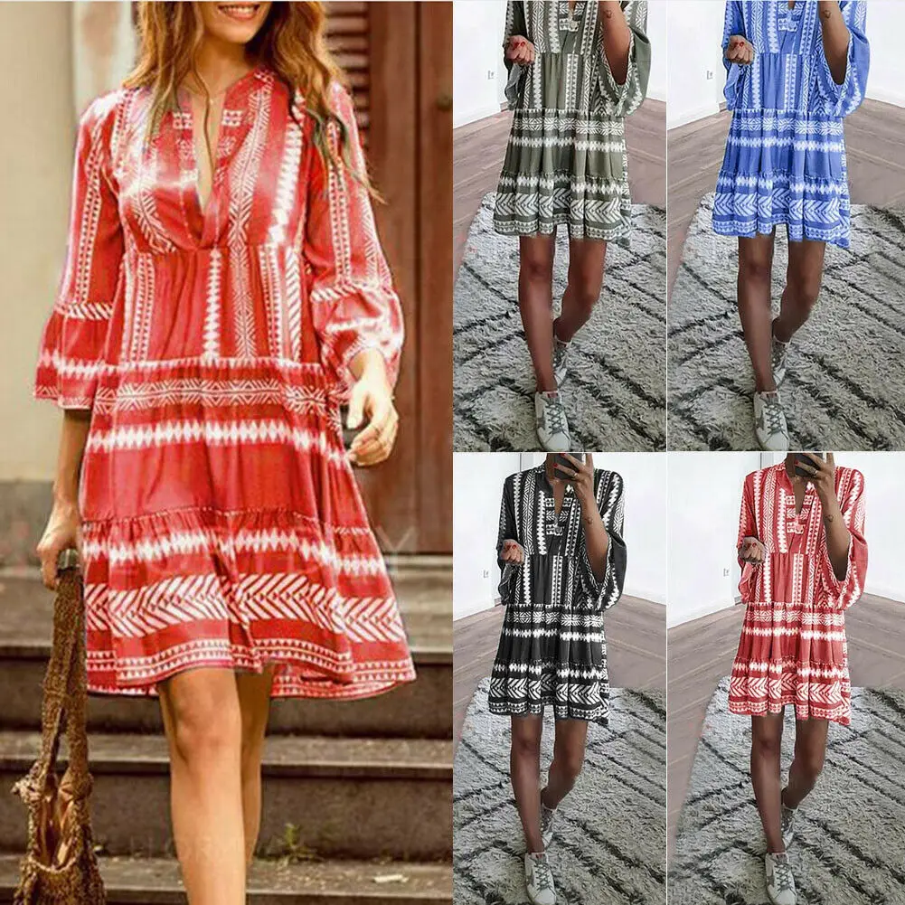 Женское платье-мини Boho летнее Повседневное платье с рукавом три четверти и