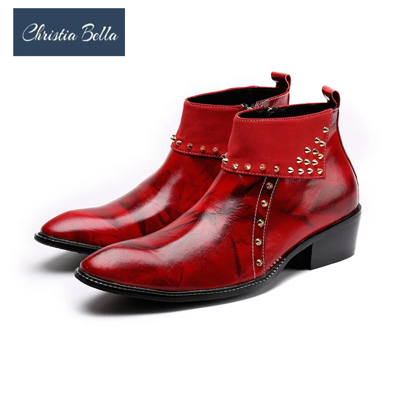

Christia Bella Men's Genuine Leather Ankle Boots Brand Fashion Pointed Toe Rivet Zipper Formal Hairstylist Shoes Plus Size 38-47