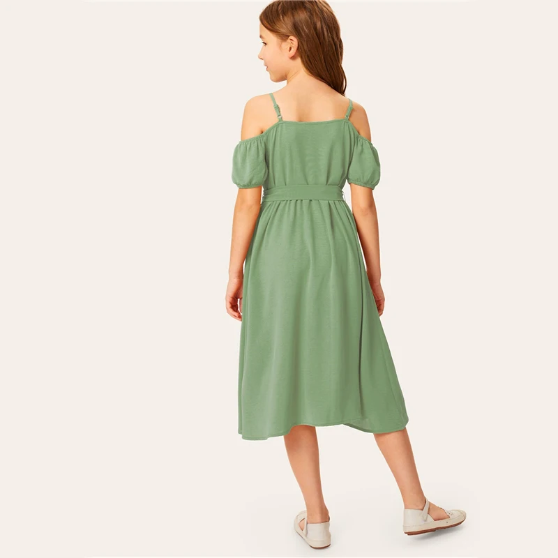 SHEIN/детское однотонное платье для девочек с открытыми плечами и одной пуговицей спереди, с поясом, платье в стиле бохо,, летние платья миди с короткими рукавами для отдыха