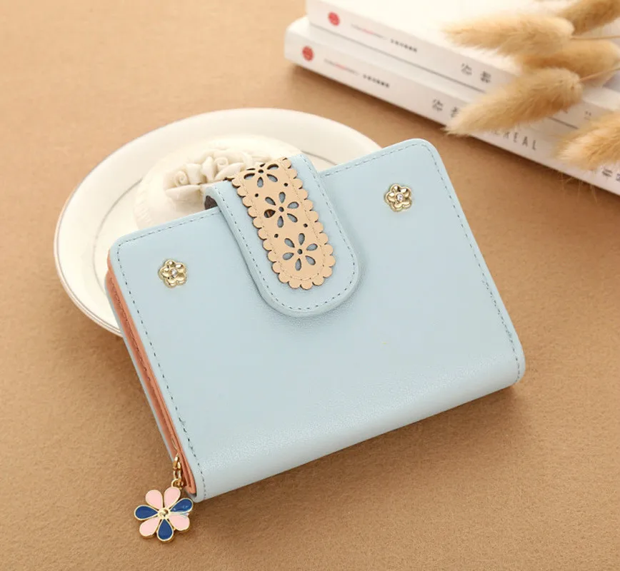 LightBlue Модный женский кошелек с вырезами и кружевными цветами, маленький фирменный женский кошелек с застежкой, Женский кошелек на молнии, кошелек для монет, милый мини-кошелек - Цвет: LightBlue