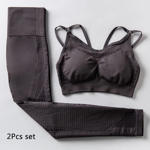 Coffee 2Pcs set 2 шт., энергетический бесшовный комплект для йоги, спортивный бюстгальтер на бретельках+ леггинсы, женская спортивная одежда, спортивный костюм для тренировок, комплект для спортзала, одежда для фитнеса - Цвет: Coffee 2Pcs set