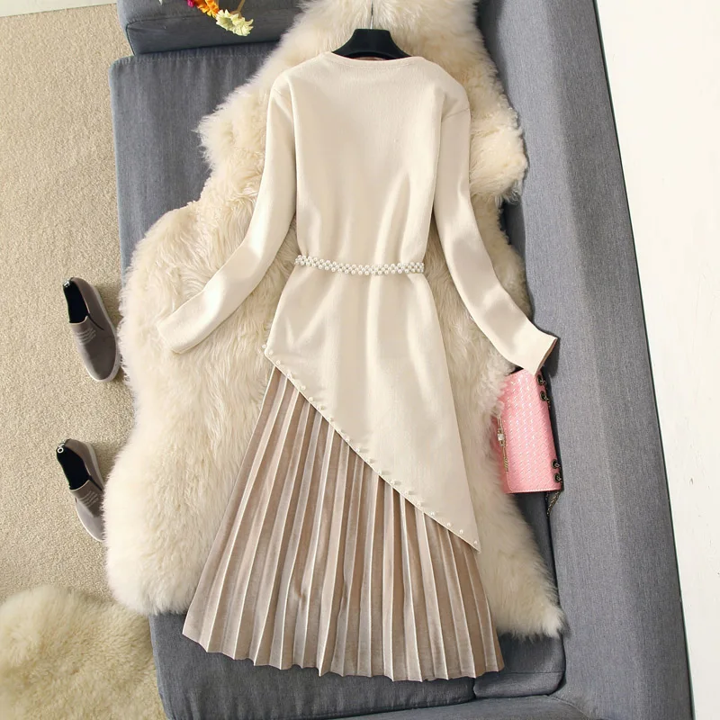 ALPHALMODA косой стильный длинный свитер + плиссированная бархатная юбка женский