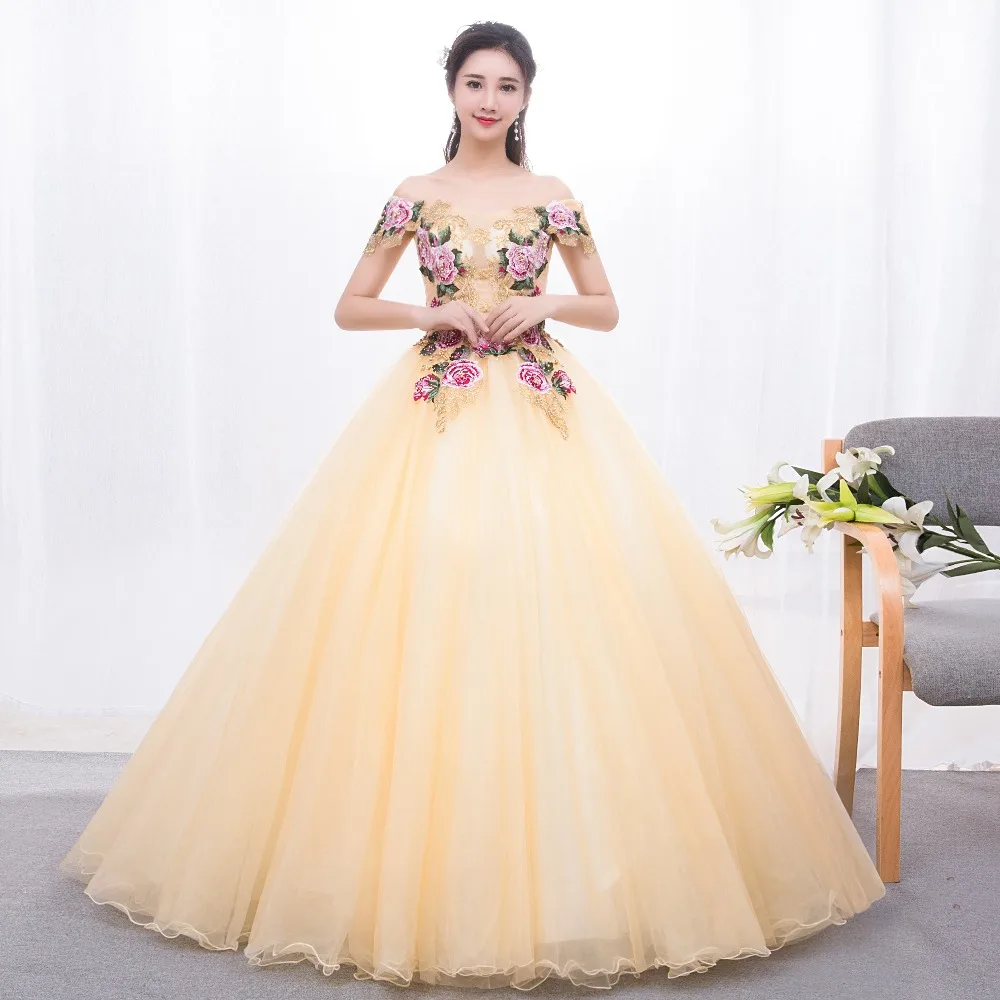 Ruthshen с открытыми плечами платья Quinceanera желтого цвета аппликацией бисером Пышное