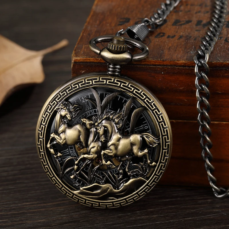 

3 Running Horses Mechanical Pocket Watch Hand Winding Clock Retro Skeleton Roman Numerals Fob Chain Steampunk Watches with Box