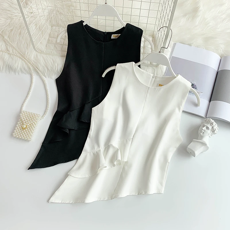 

Women Summer Fashion O Neck Sleeveless Irregular Ruffles Top Blouse Shirts